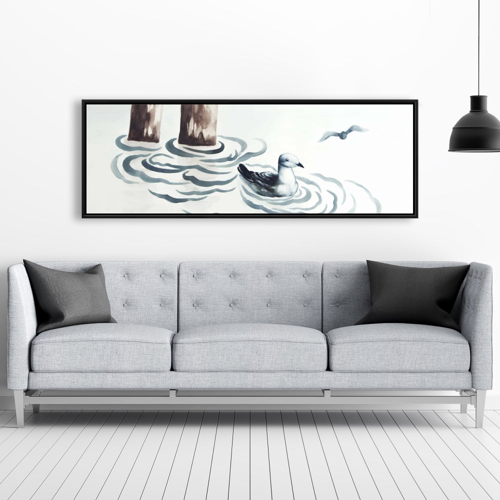 Toile encadrée bleu marine mouette | Décoration de salle de bain