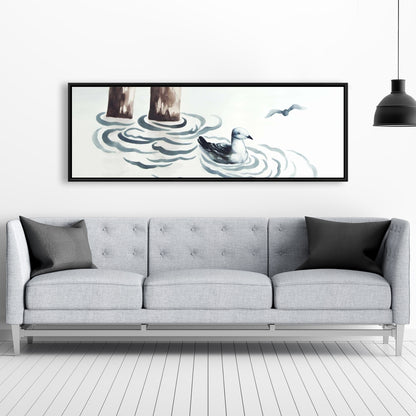 Toile encadrée bleu marine mouette | Décoration de salle de bain