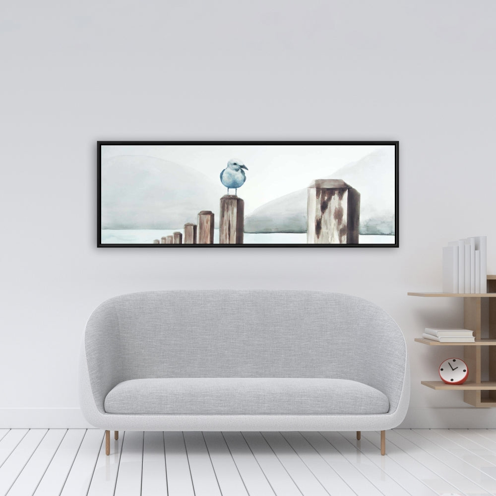 Mouette à la marina | Toile encadrée bleu marine