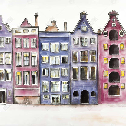 Toile « Maisons historiques d'Amsterdam » | Décoration murale encadrée violette