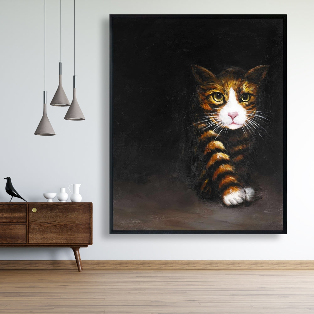 Toile encadrée blanche moderne – Décoration d'intérieur discrète avec chat