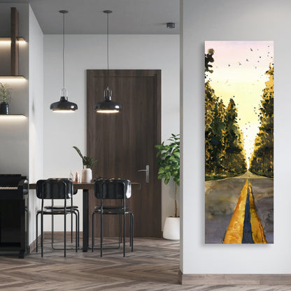 Long Road Trees Illustration - Yellow Canvas for Home Decor