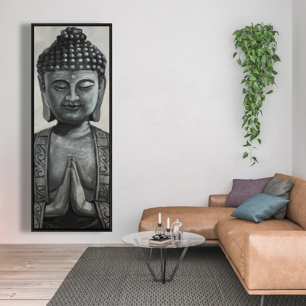 Gray Asian Framed Buddha Canvas | Elegant Bedroom Wall Art