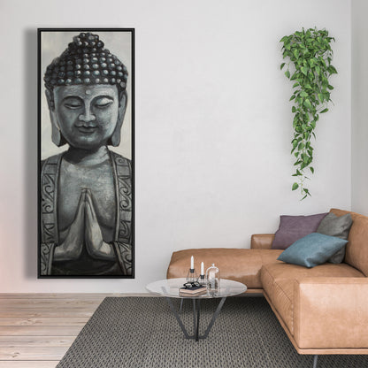 Gray Asian Framed Buddha Canvas | Elegant Bedroom Wall Art