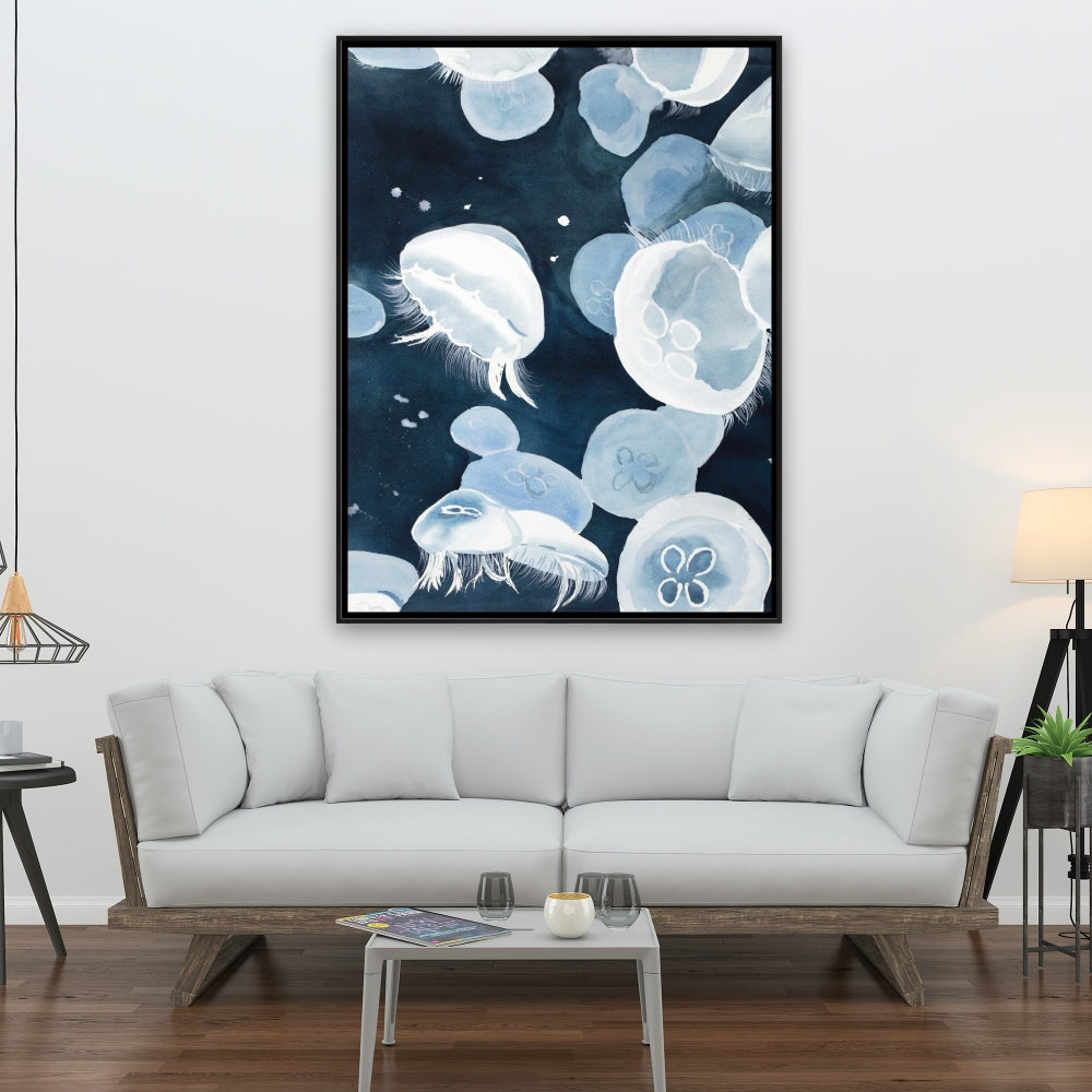 Toile encadrée bleue Méduse | Décoration d'intérieur sur le thème des animaux aquatiques