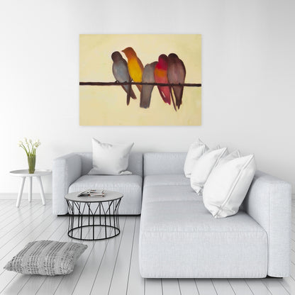 Five Birds on a Branch Canvas - Brown Contemporary Decor