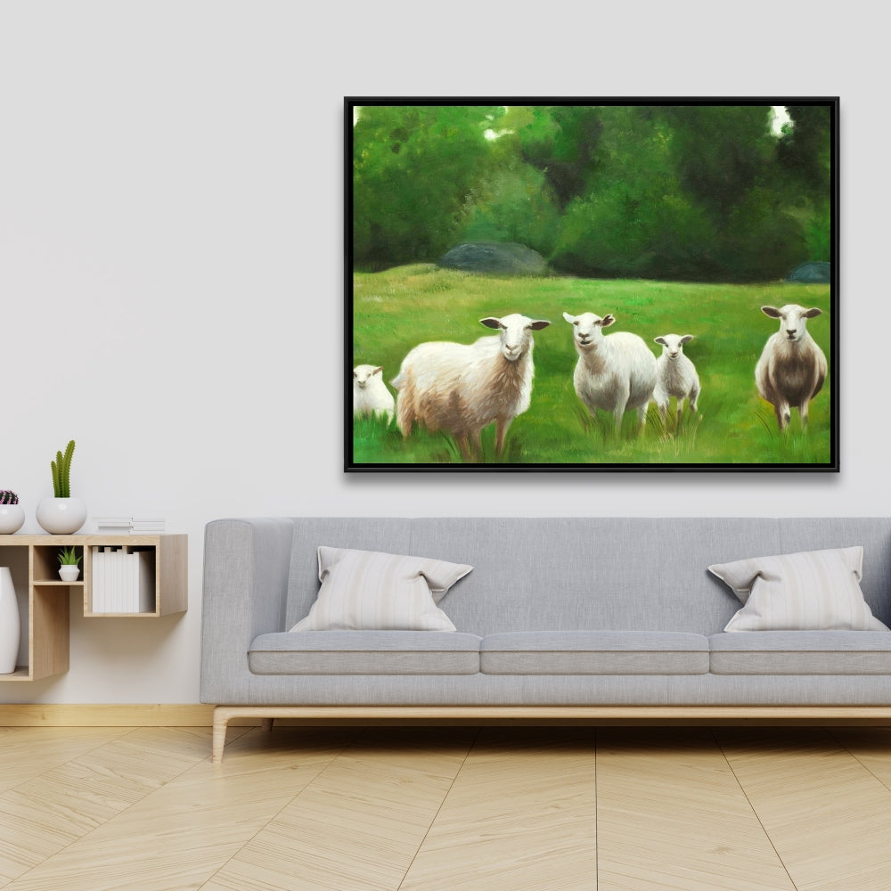 Fields of Sheep Framed Canvas - Farm Animals Home Decor Art