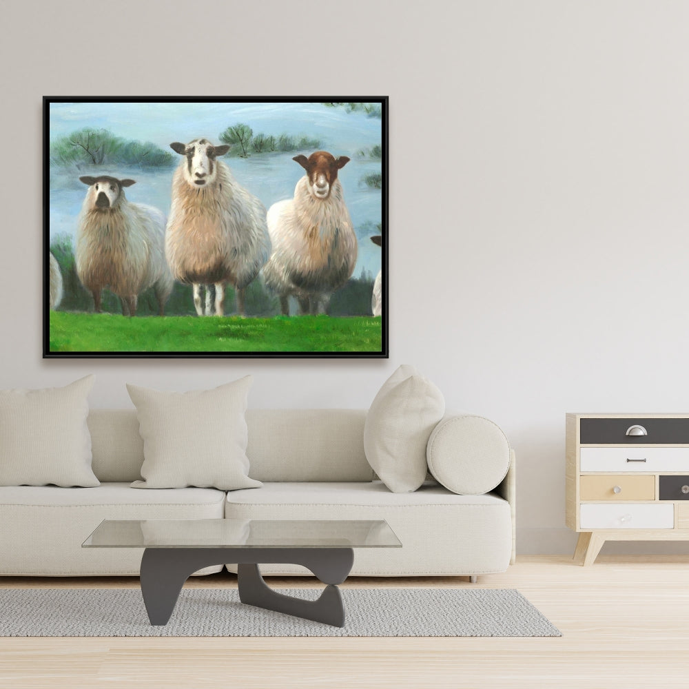 Rustic White Framed Canvas - Flock of Sheep Home Decor