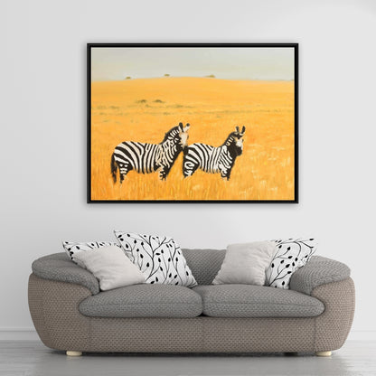 "Herd of Zebra Canvas | Yellow Animal Wall Art for Bedroom"