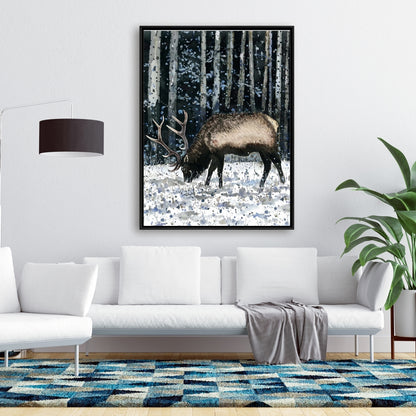 Rustic Blue Bedroom Canvas | Caribou in Winter Forest Decor