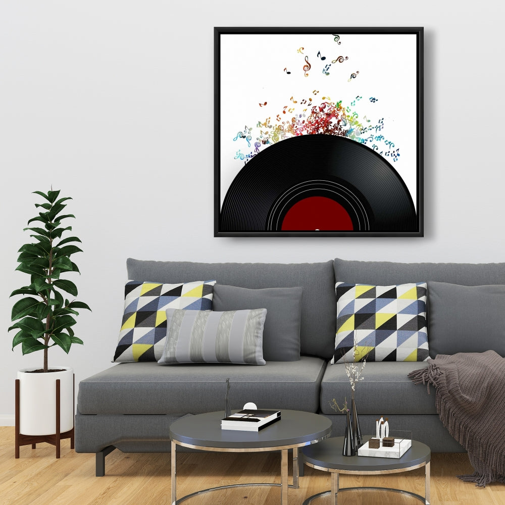 Black Bedroom Art - Notes Escaping from a Vinyl Record Canvas