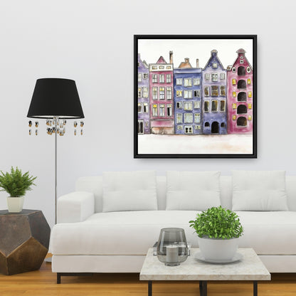 Toile « Maisons historiques d'Amsterdam » | Décoration murale encadrée violette