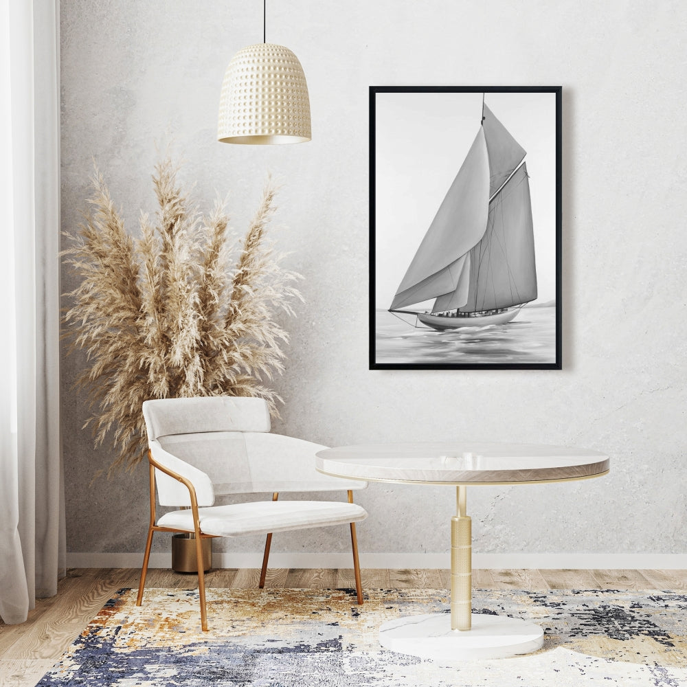 Toile vintage avec voilier | Cadre blanc monochrome