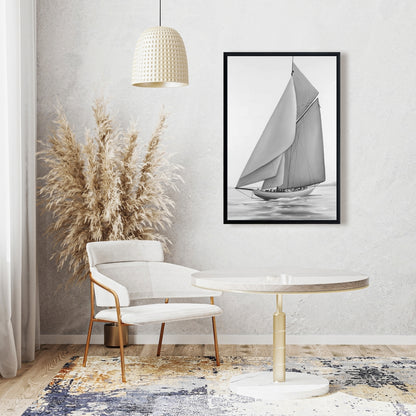 Toile vintage avec voilier | Cadre blanc monochrome