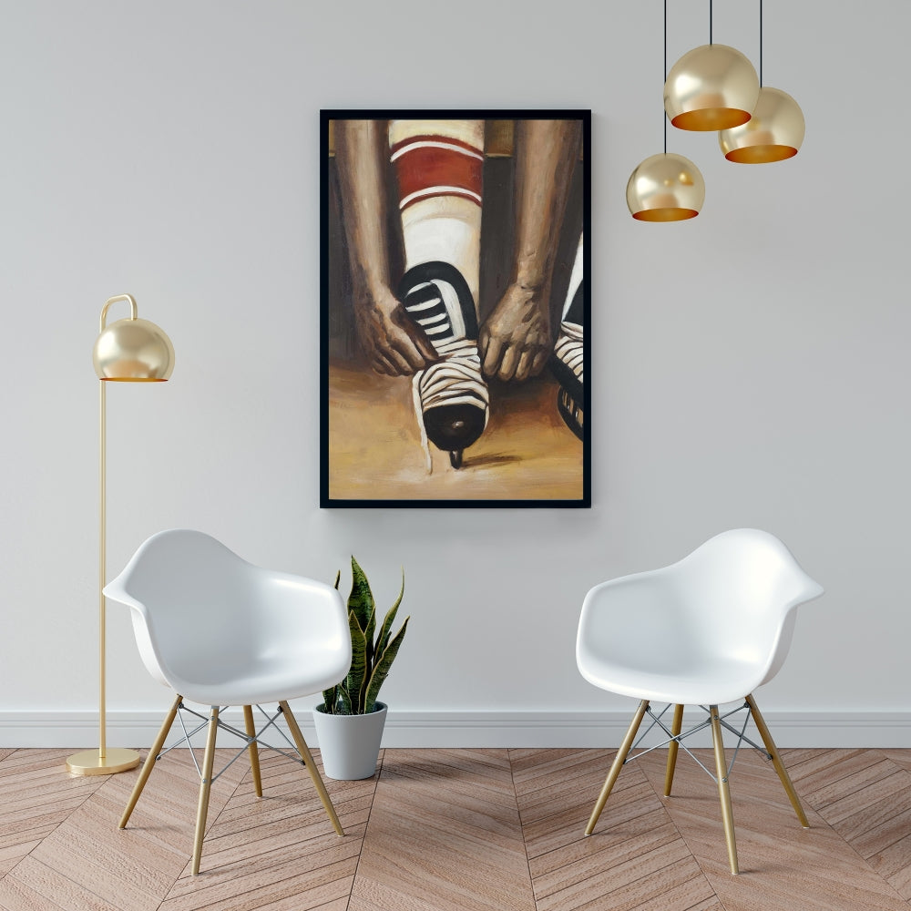 Toile encadrée « Joueur de hockey attachant ses patins » | Décoration d'intérieur sportive