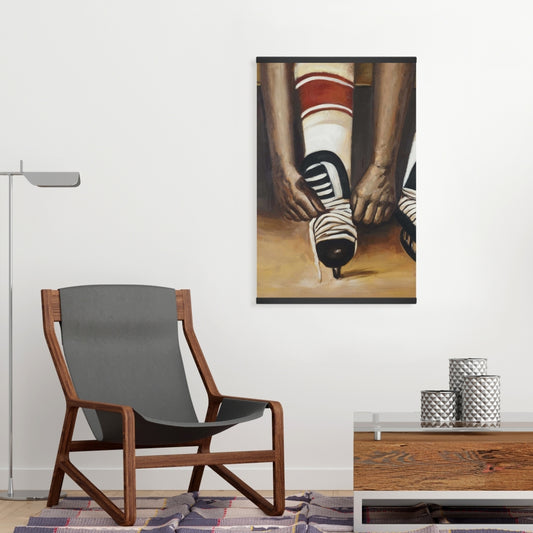 Hockey Player Ties Skates Canvas | Home Decor | Sports Art
