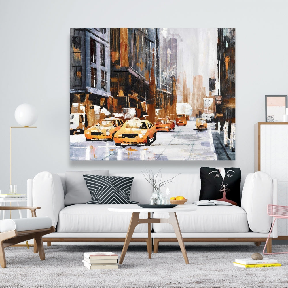 Big City Street Canvas with Yellow Taxi - Brown Bedroom Decor