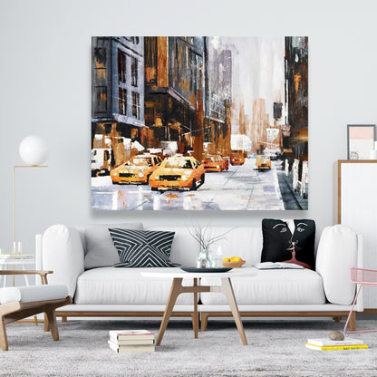 Big City Street Canvas with Yellow Taxi - Brown Bedroom Decor