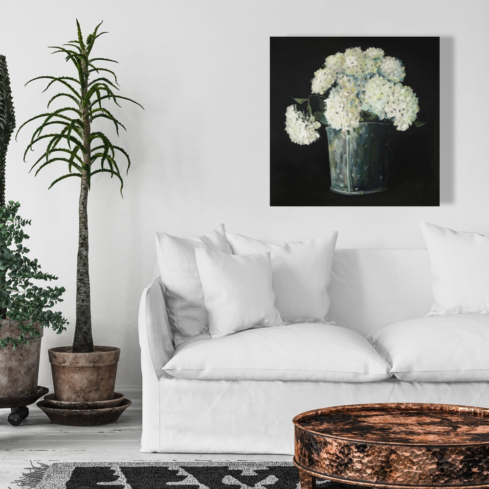Toile Fleurs d'hortensia blanches | Décoration de chambre rustique noire