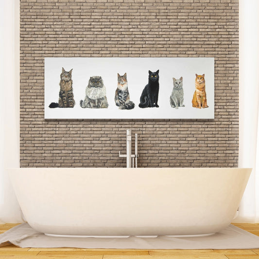 Illustrative Canvas of Six Cats Lined Up - Home Decor Wall Art