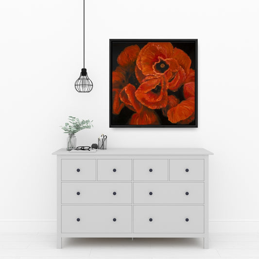 Red Botanical Framed Canvas - Poppy Bouquet Home Decor
