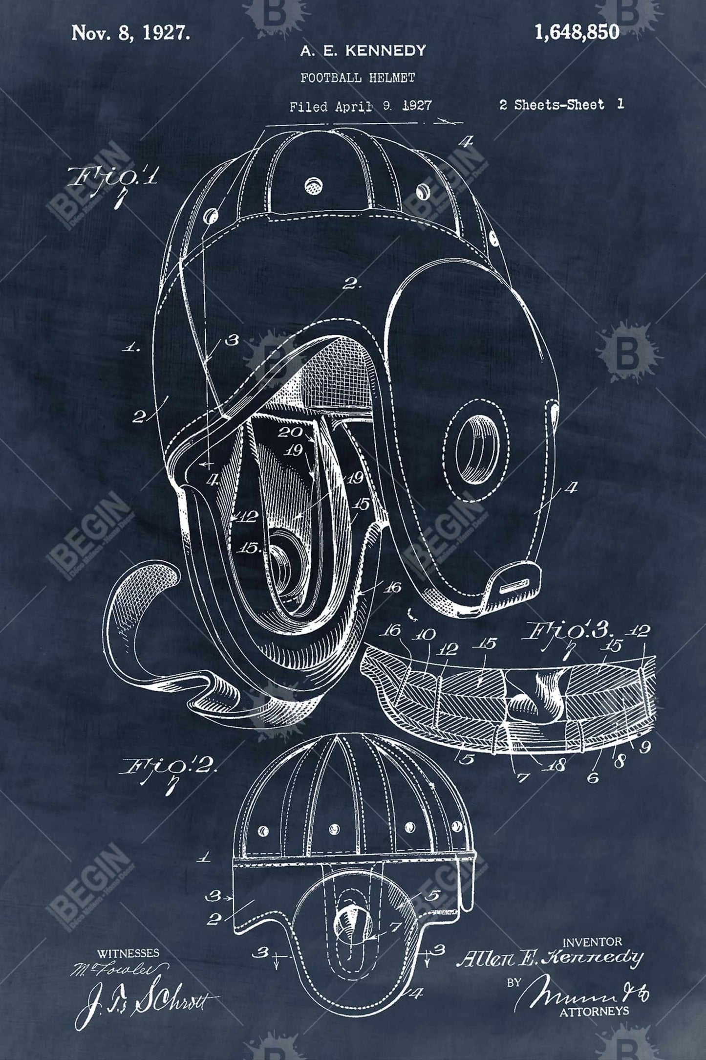 Blueprint Football Helmet Artwork | Blue Canvas Home Decor