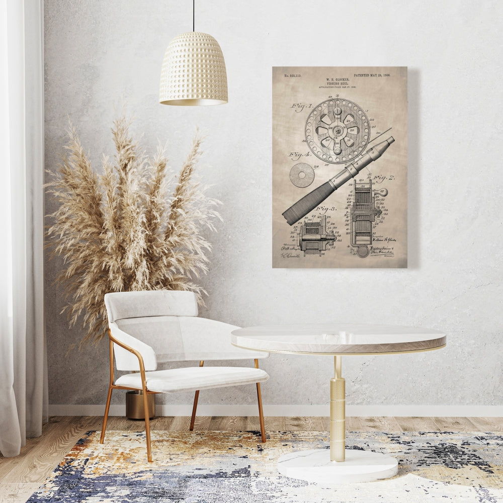 Toile vintage beige avec motif de moulinet de pêche | Décoration d'intérieur