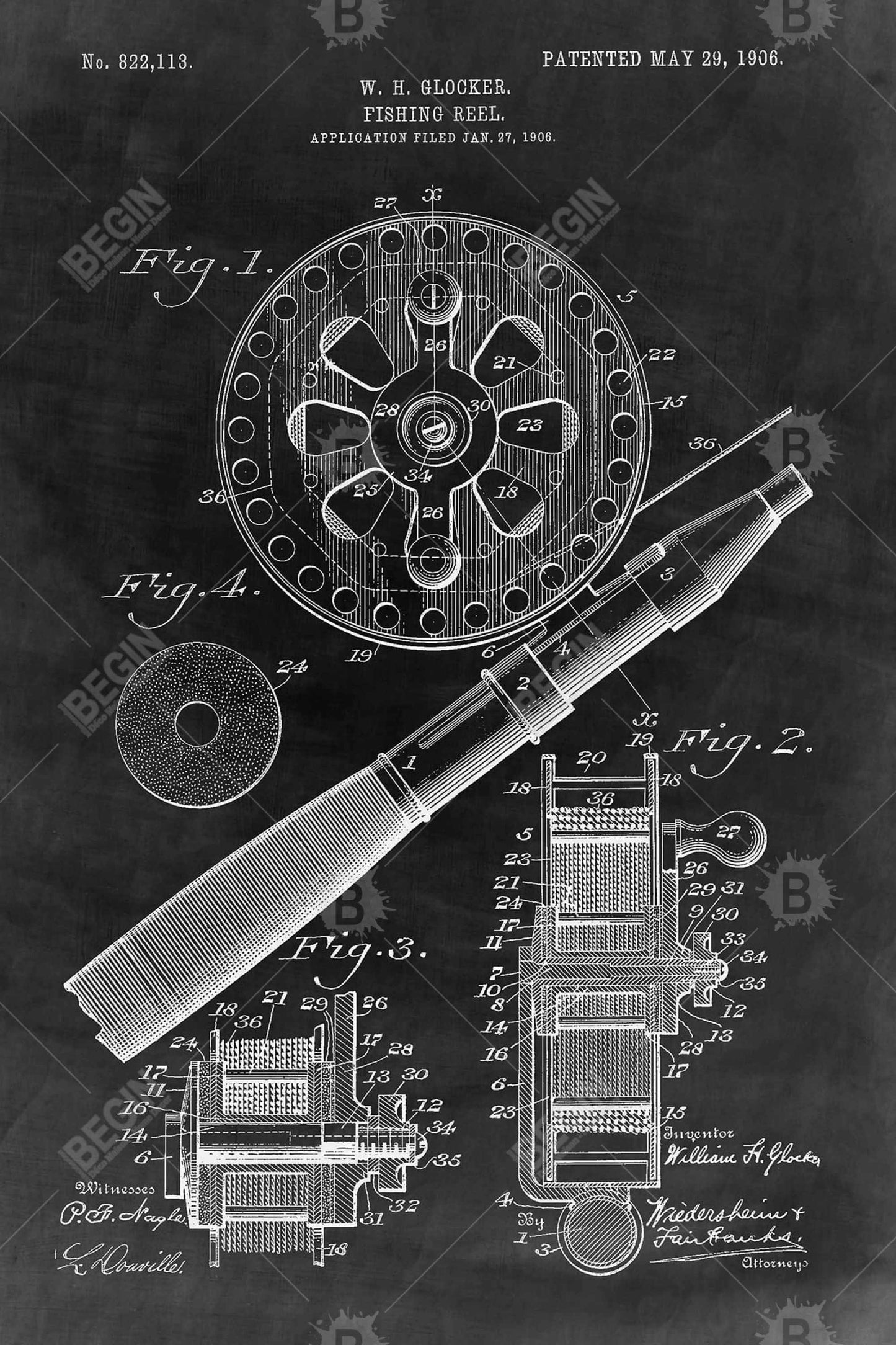 Black Blueprint Fishing Reel Canvas | Home Decor Wall Art