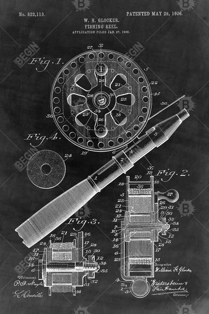 Black Blueprint Fishing Reel Canvas | Home Decor Wall Art
