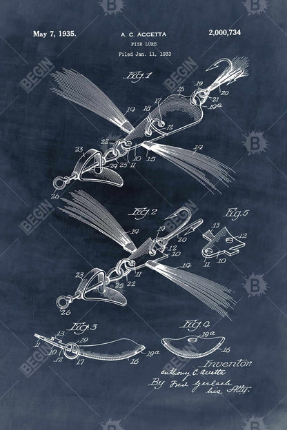 Blueprint Fish Lure Canvas | Blue Living Room Decor Art
