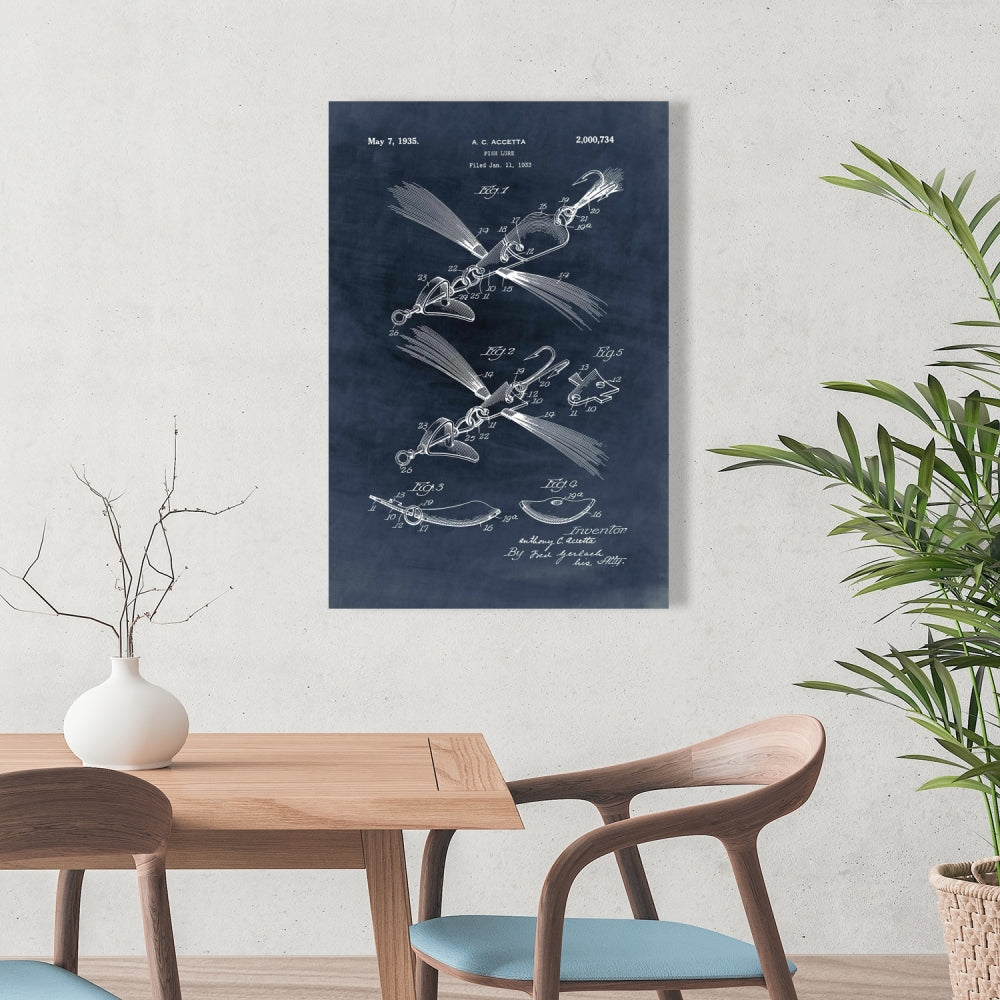 Blueprint Fish Lure Canvas | Blue Living Room Decor Art