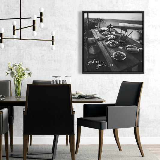 Toile de cuisine gastronomique grise - Décoration « Bonne cuisine, bonne humeur »