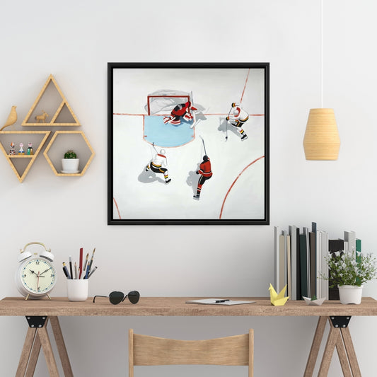 Toile « Match de hockey mouvementé » | Décoration pour homme | Cadre blanc