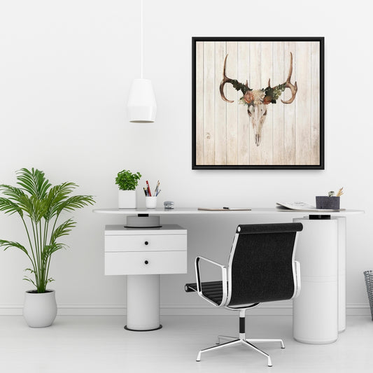 Mule Deer Skull with Roses Canvas | Rustic Bathroom Decor