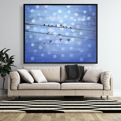 Toile encadrée Formes bleues – Décor oiseaux sur ciel scintillant