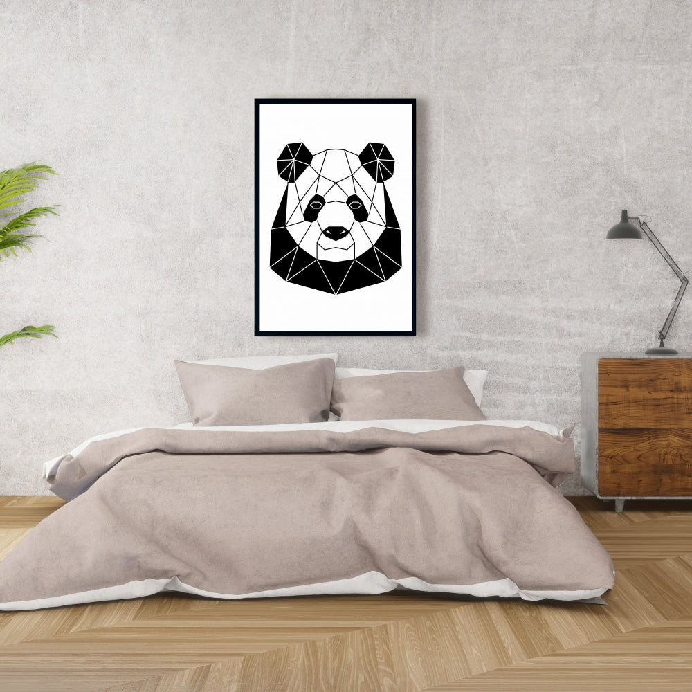 Toile encadrée blanche rétro motif panda géométrique | Décoration d'intérieur