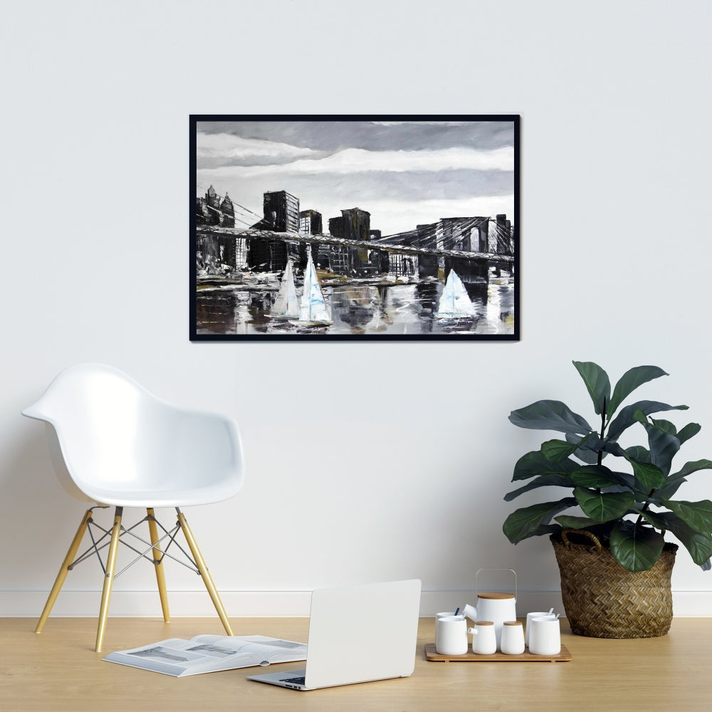 Toile « Voiliers du pont de Brooklyn » | Décoration de salon « Villes grises »