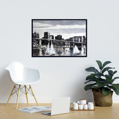 Toile « Voiliers du pont de Brooklyn » | Décoration de salon « Villes grises »
