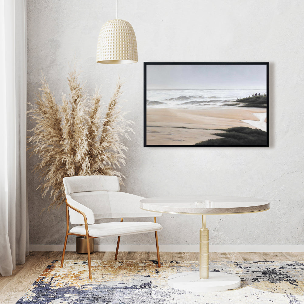 Toile encadrée beige « Nuageux à la plage » | Décoration de salle de bain sur la mer