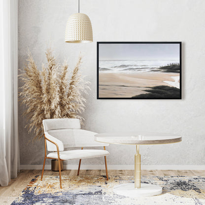 Toile encadrée beige « Nuageux à la plage » | Décoration de salle de bain sur la mer