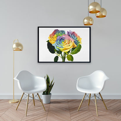 Bouquet of Rainbow Roses | Yellow Framed Canvas - Home Decor