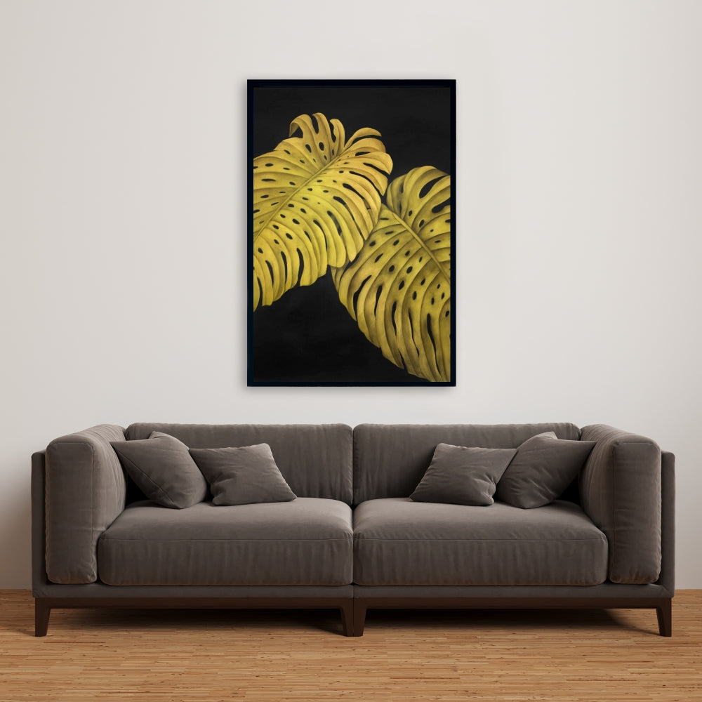 Toile Monstera jaune dorée | Décoration florale exotique pour la maison