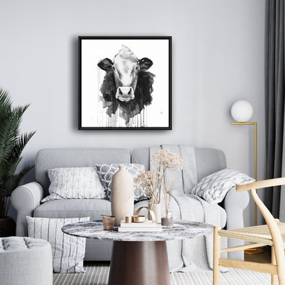 Toile monochrome représentant une vache et un animal de la ferme | Décoration d'intérieur encadrée