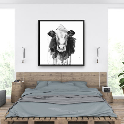 Toile monochrome représentant une vache et un animal de la ferme | Décoration d'intérieur encadrée