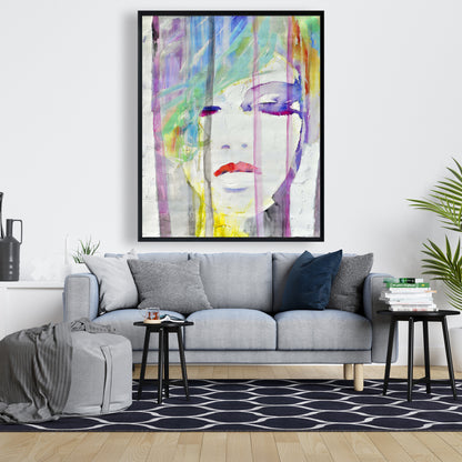 Portrait abstrait et coloré | Toile encadrée grise | Décoration d'intérieur