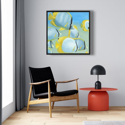 Butterfly Fishes Yellow Framed Canvas | Aquatic Home Decor