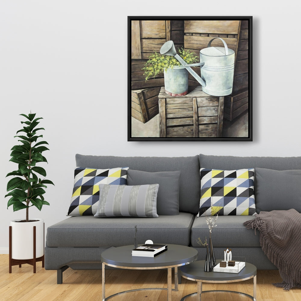 Arrosoir vintage | Toile décorative avec nature morte de fleurs marron