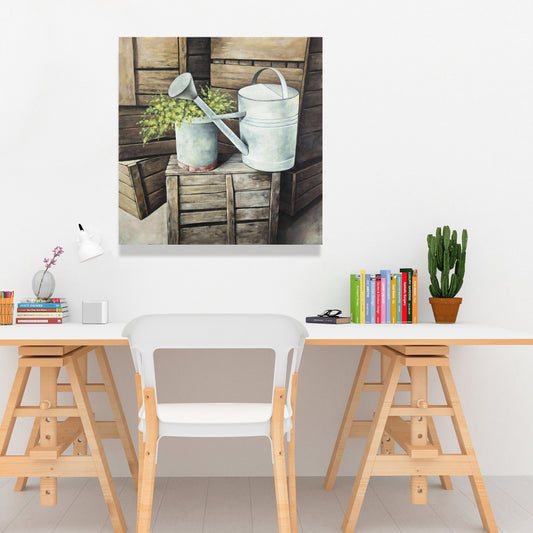 Vintage Watering Can Canvas | Brown Still Life Home Decor