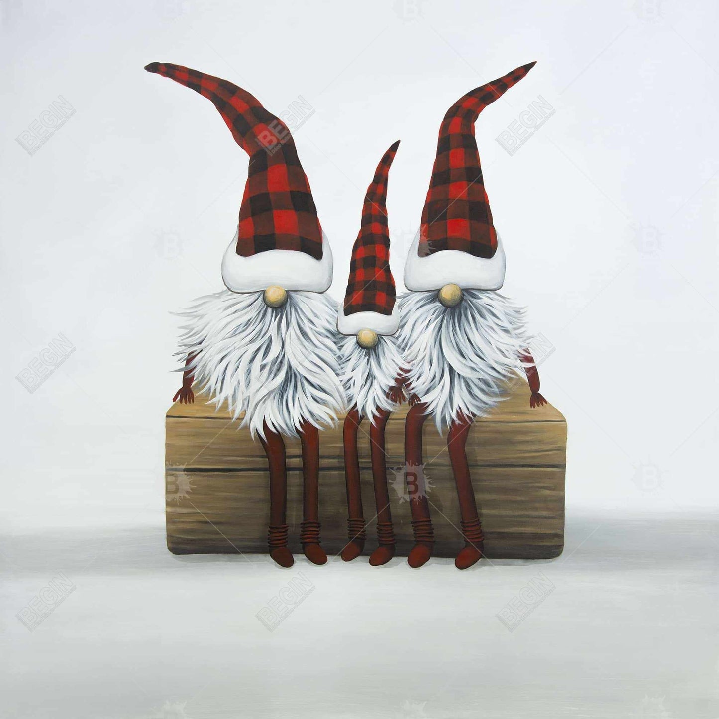 Rustic Pattern Holidays Framed Canvas - Three Christmas Gnomes