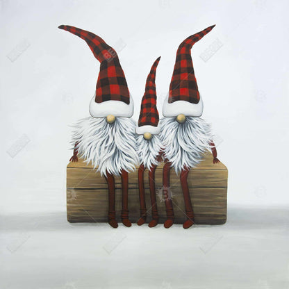 Rustic Pattern Holidays Framed Canvas - Three Christmas Gnomes